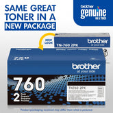 Brother Genuine High-Yield Black Toner Cartridge Twin Pack TN760 2Pk, TN7602PK,2 Pack